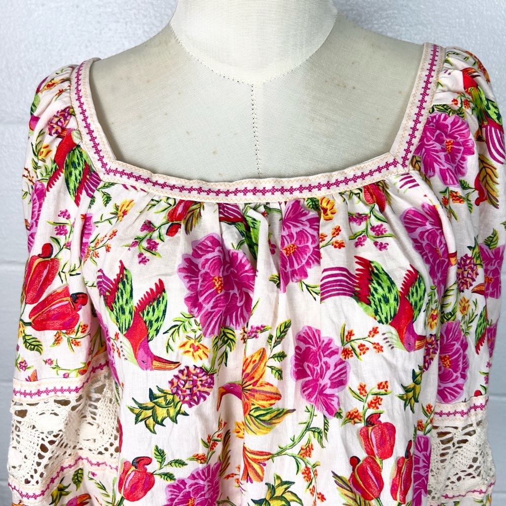 Rachel Zoe Linen Blend Crochet Insert Boho Tropical Square Neck Top Size M - Picture 3 of 8